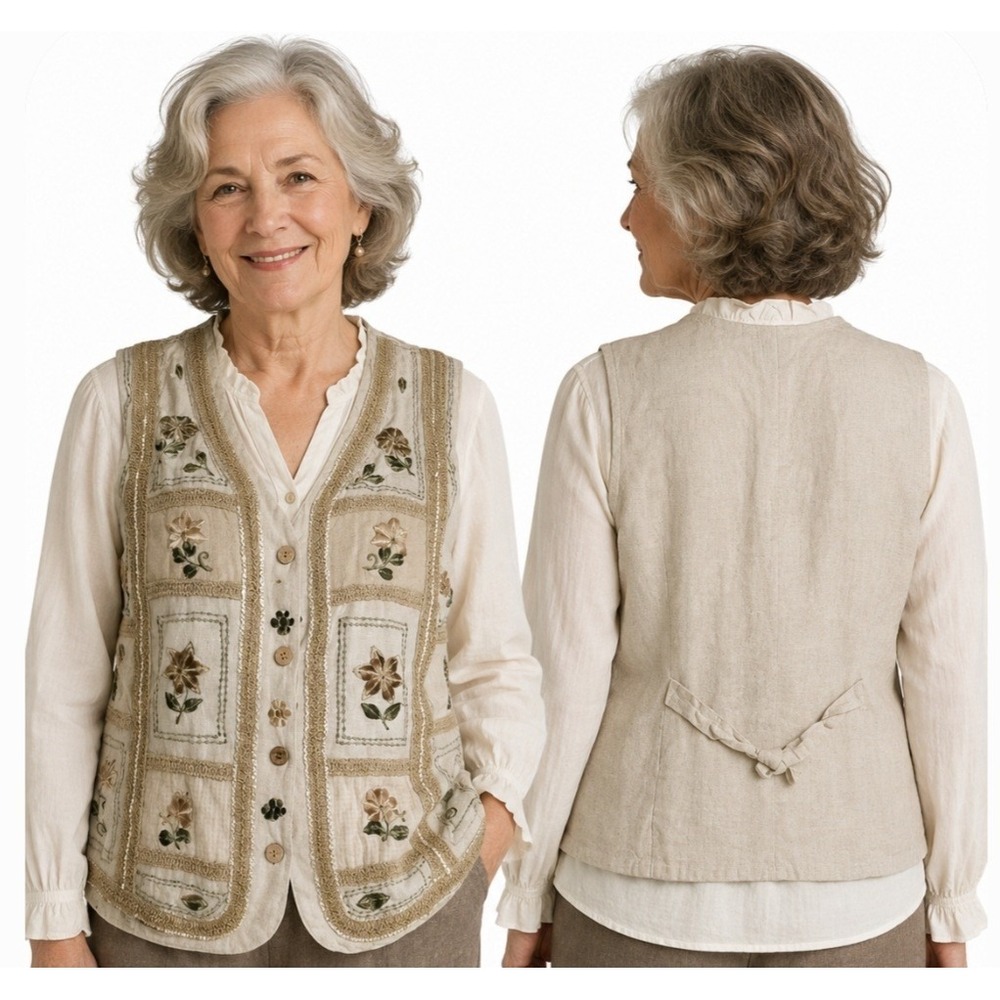 Vtg Tantrums Linen Grandmacore Floral Velvet Embroidered Patchwork Vest Size M